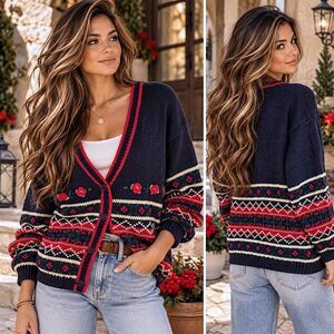 Gina Peters 8 Fair Isle Y2K Cardigan Floral Embroidered Navy Red Cottagecore